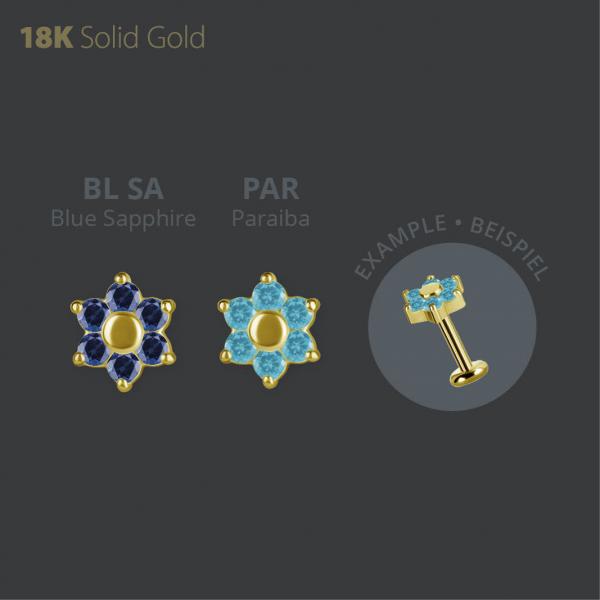 18K GOLD THREADLESS FLOWER ATTACHMENT SET W. LAB CREATED GEMSTONE