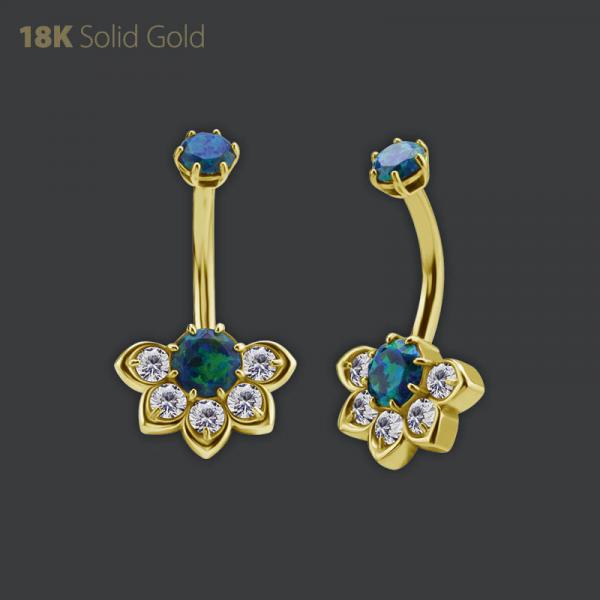 18K GOLD INTERNAL NAVEL BANANA SET W. LAB OPALS AND PREMIUM ZIRCONIA