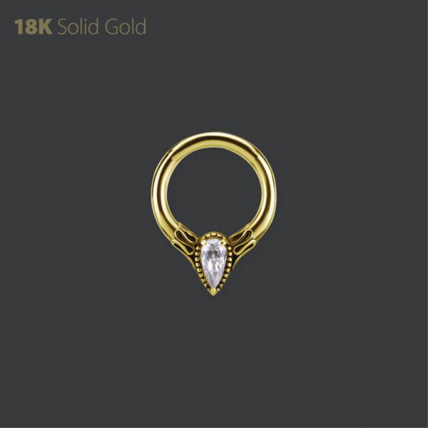18K GOLD DAITH & SEPTUM CLICKER SET W. PEAR SHAPE PREMIUM ZIRCONIA