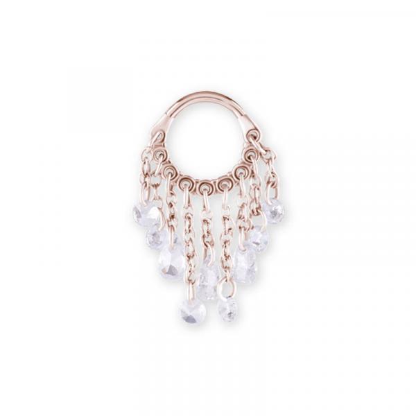 ROSE GOLD PVD SS316L HINGED RING WITH PEAR SHAPE AND ROUND STONE DANGLES