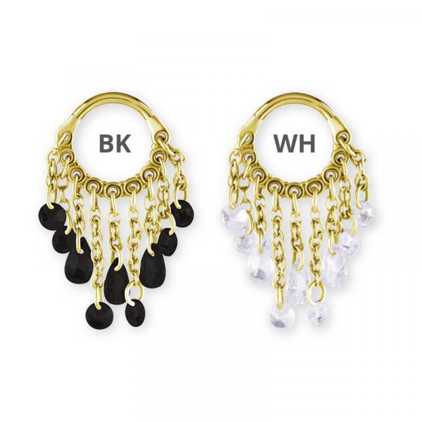 24K GOLD PVD SS316L HINGED RING WITH PEAR SHAPE AND ROUND STONE DANGLES