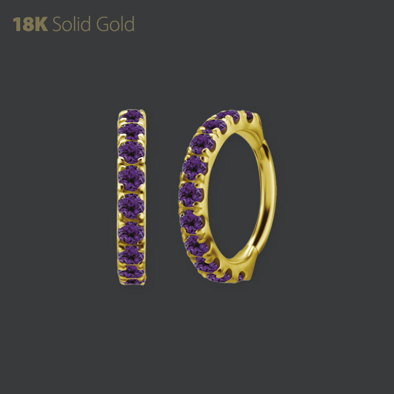 18K GOLD HINGED CLICKER SET W. GENUINE DARK AMETHYST